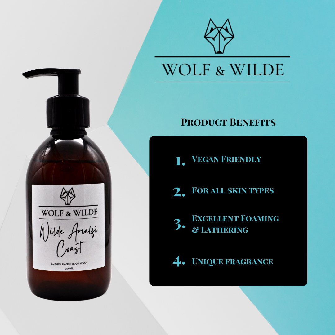 Wilde Amalfi Coast Luxury 2 In 1 Liquid Soap in a recyclable amber bottle, showcasing its elegant design and fresh citrus fragrance.