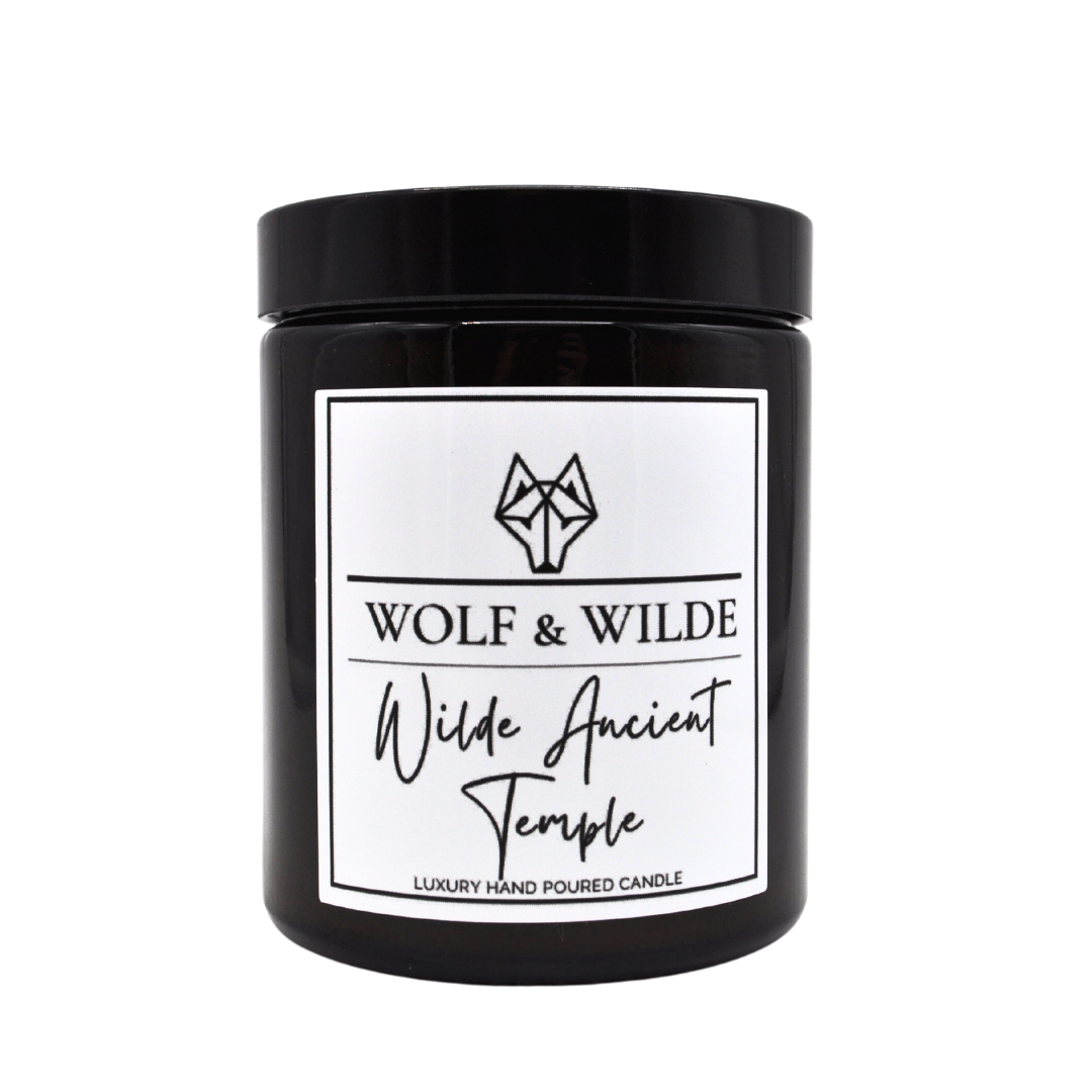 Wilde Ancient Temple Luxury Aromatherapy Scented Candle with a rich woody sandalwood fragrance, featuring warm spices and elegant design.