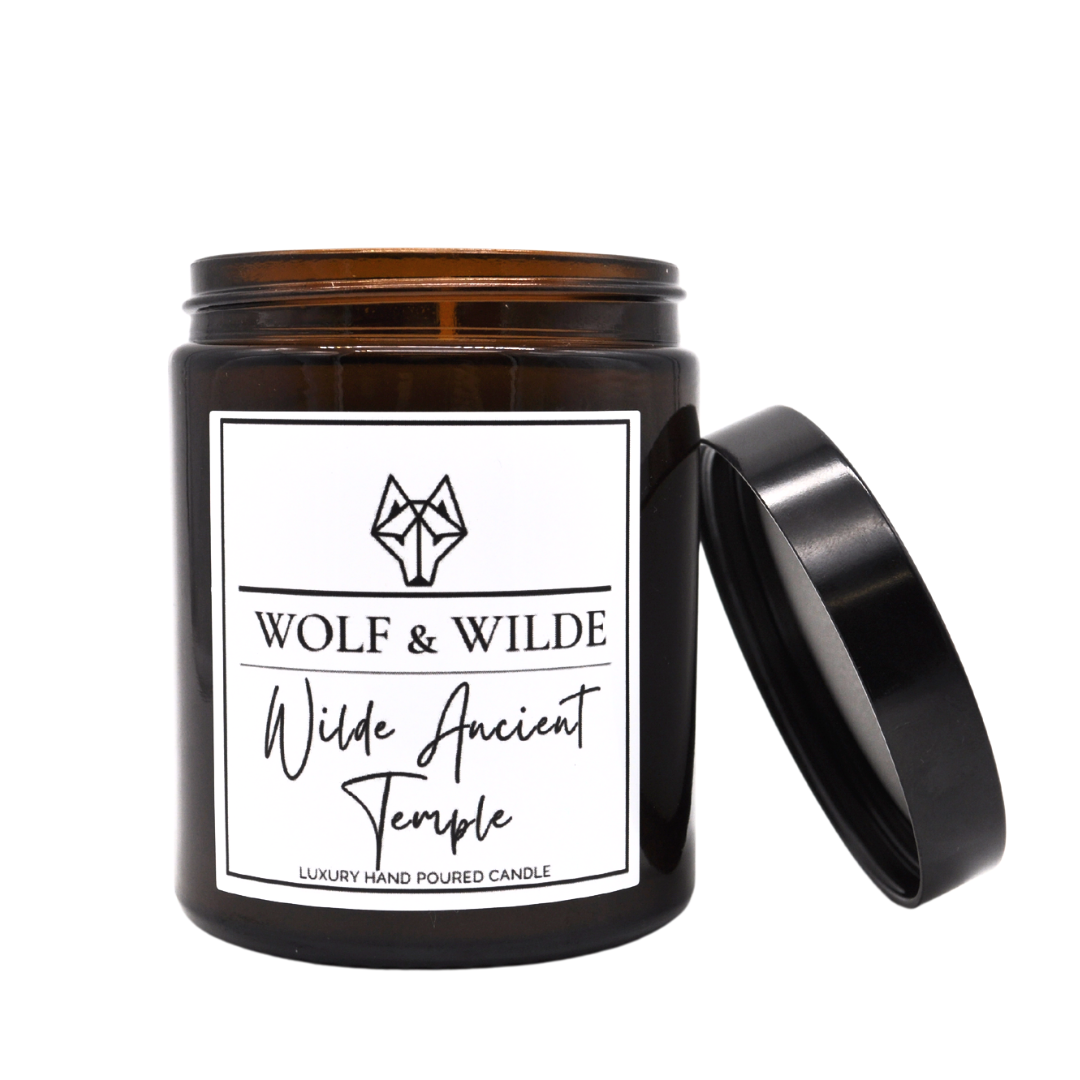 Wilde Ancient Temple Luxury Aromatherapy Scented Candle with a rich woody sandalwood fragrance, featuring warm spices and elegant design.