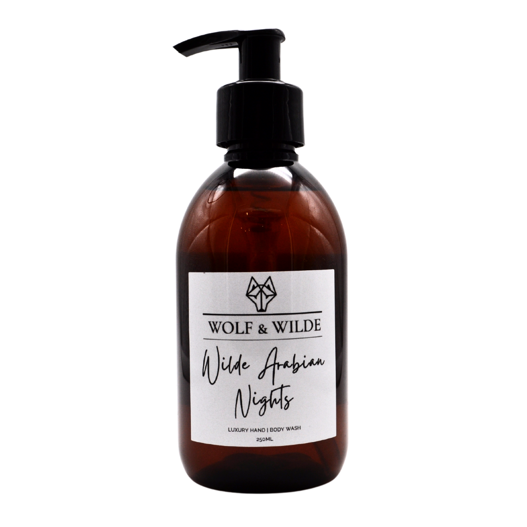 Wilde Arabian Nights Luxury 2 in 1 Liquid Soap in an amber bottle, showcasing its rich, exotic scent and luxurious packaging.