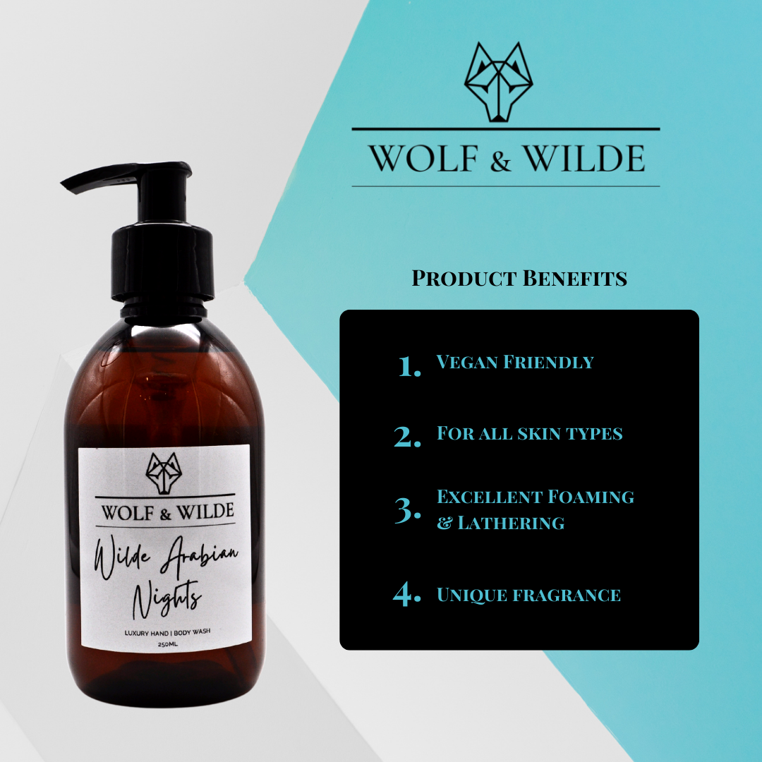 Wilde Arabian Nights Luxury 2 in 1 Liquid Soap in an amber bottle, showcasing its rich, exotic scent and luxurious packaging.