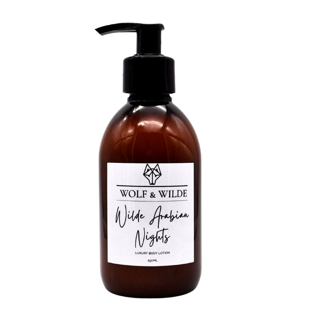 Wilde Arabian Nights Luxury Body Lotion 250ML in an amber bottle, showcasing its elegant design and luxurious texture.