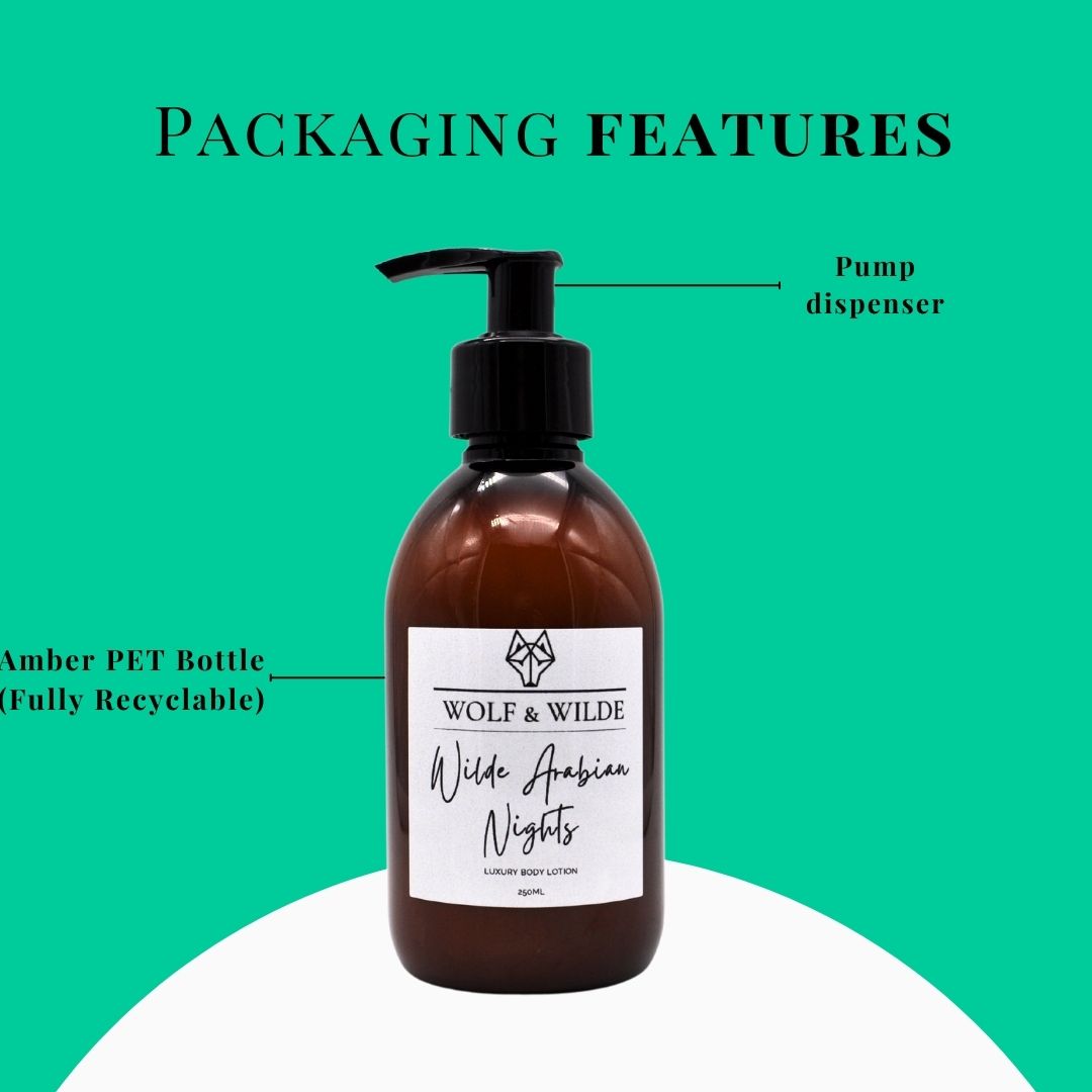 Wilde Arabian Nights Luxury Body Lotion 250ML in an amber bottle, showcasing its elegant design and luxurious texture.