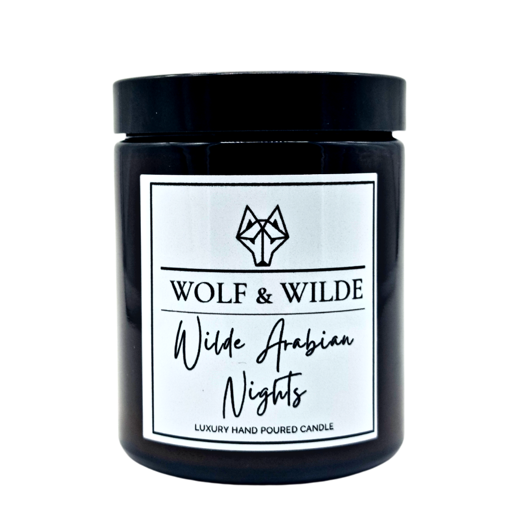 Wilde Arabian Nights Luxury Handmade Aromatherapy Scented Candle with exotic spices and sandalwood notes, elegantly presented.