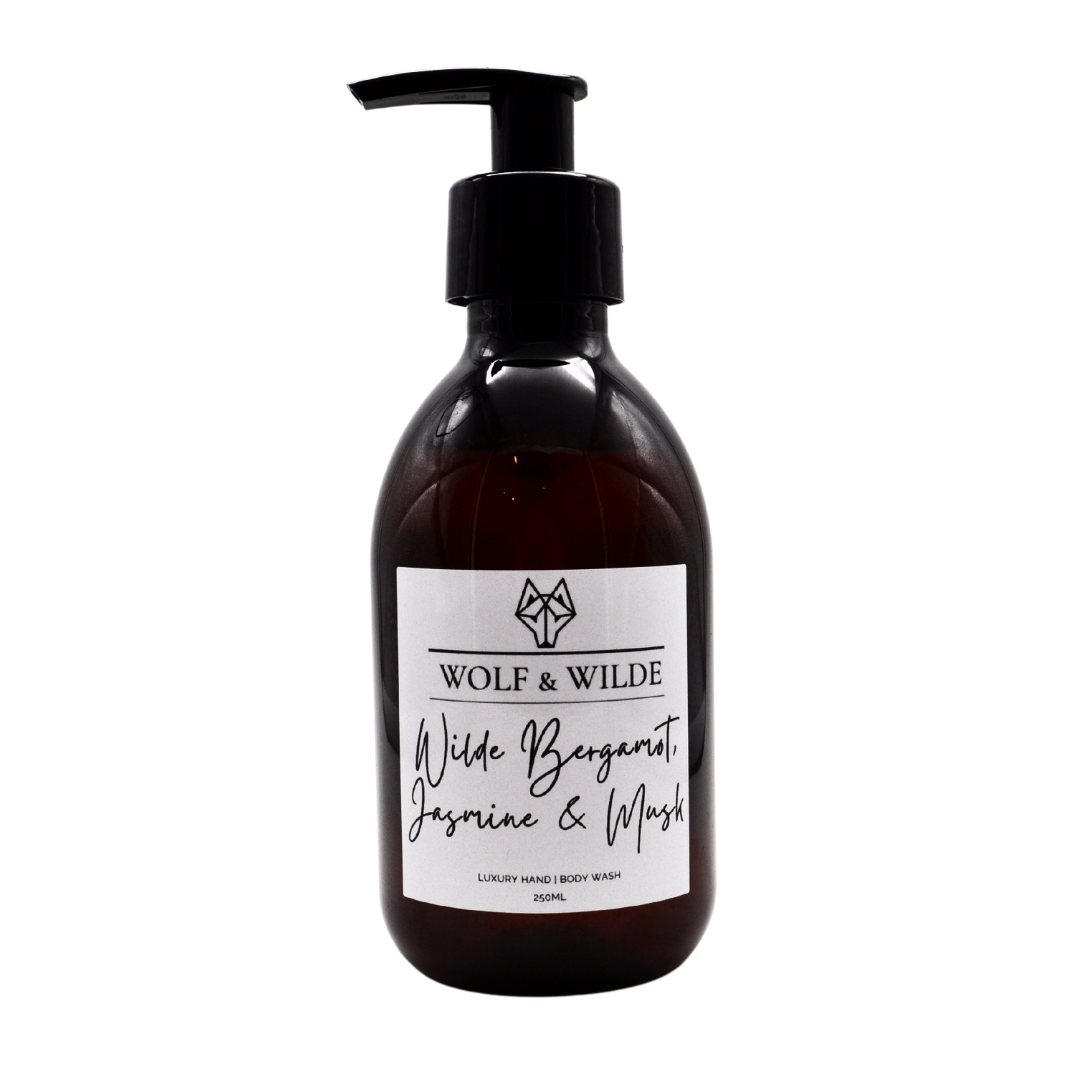 Wilde Bergamot, Jasmine & Musk Luxury 2 in 1 Liquid Soap in an amber PET bottle, showcasing its elegant design and luxurious fragrance.