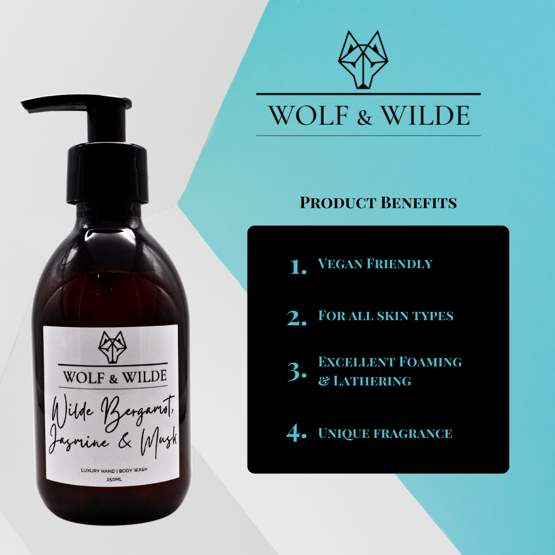 Wilde Bergamot, Jasmine & Musk Luxury 2 in 1 Liquid Soap in an amber PET bottle, showcasing its elegant design and luxurious fragrance.