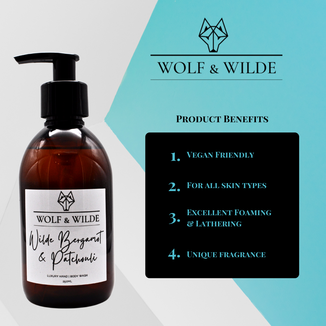 Wilde Bergamot & Patchouli Luxury 2 In 1 Liquid Soap in a recyclable amber bottle, showcasing its elegant design and rich texture.