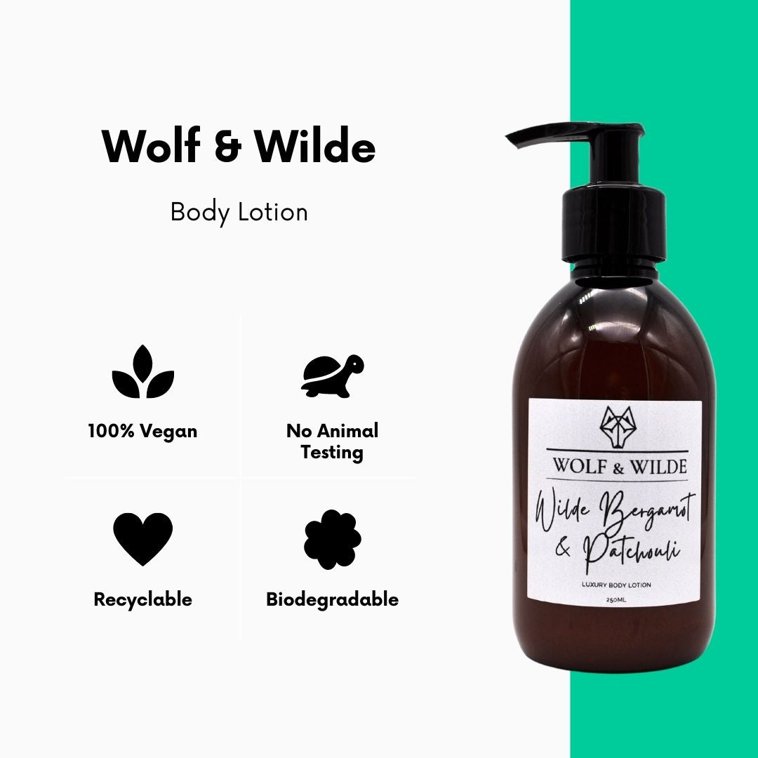 Wilde Bergamot & Patchouli Luxury Body Lotion in a recyclable amber bottle, showcasing its elegant design and rich texture.