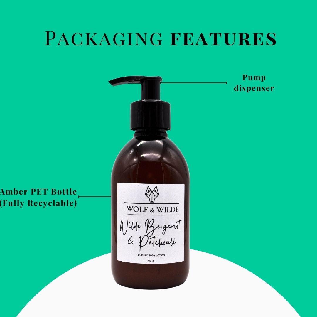 Wilde Bergamot & Patchouli Luxury Body Lotion in a recyclable amber bottle, showcasing its elegant design and rich texture.