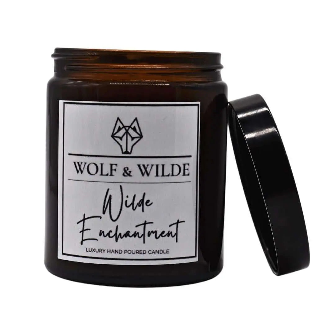 Wilde Enchantment Luxury Aromatherapy Scented Candle with elegant design and natural materials, showcasing its luxurious appeal.