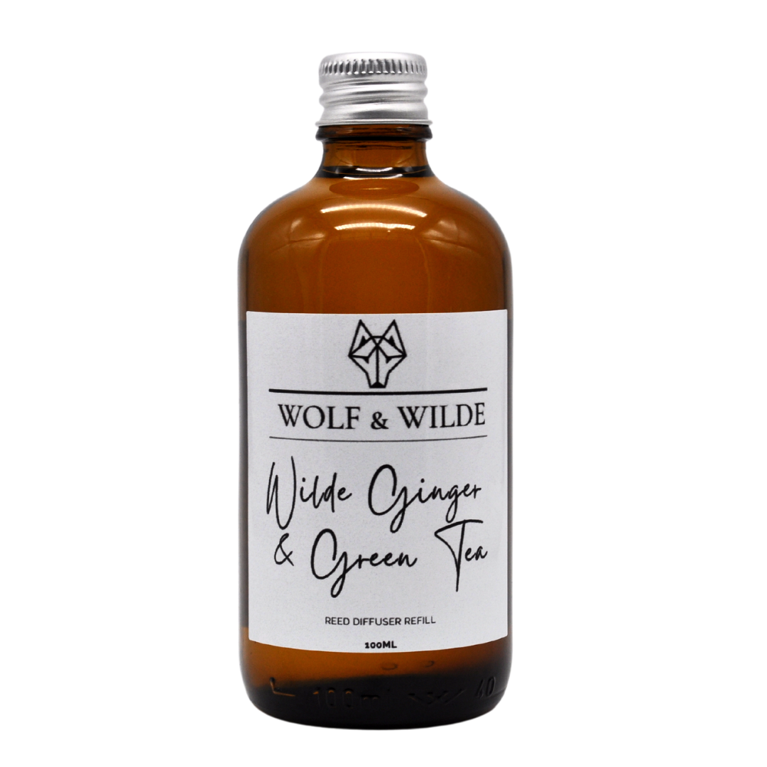 Wilde Ginger & Green Tea 100ML Luxury Reed Diffuser Refill in Amber glass bottle with aluminium cap and grey reeds.