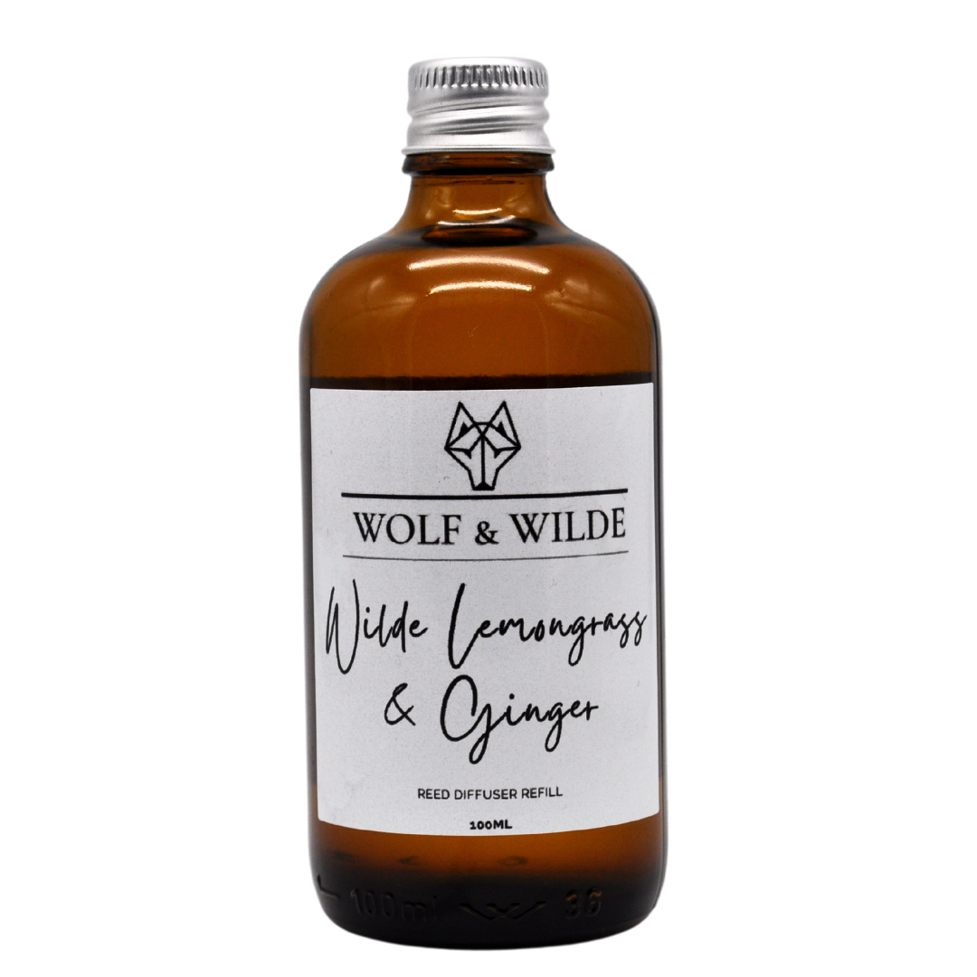 Wilde Lemongrass & Ginger 100ML Luxury Reed Diffuser Refill in an elegant amber glass bottle with an aluminium cap.