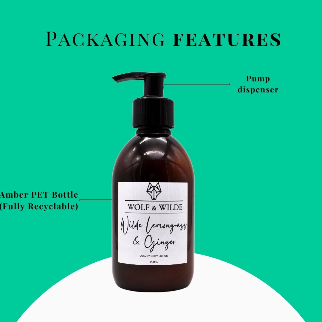 Wilde Lemongrass & Ginger Luxury Body Lotion in a recyclable amber bottle, showcasing its vibrant packaging and luxurious texture.