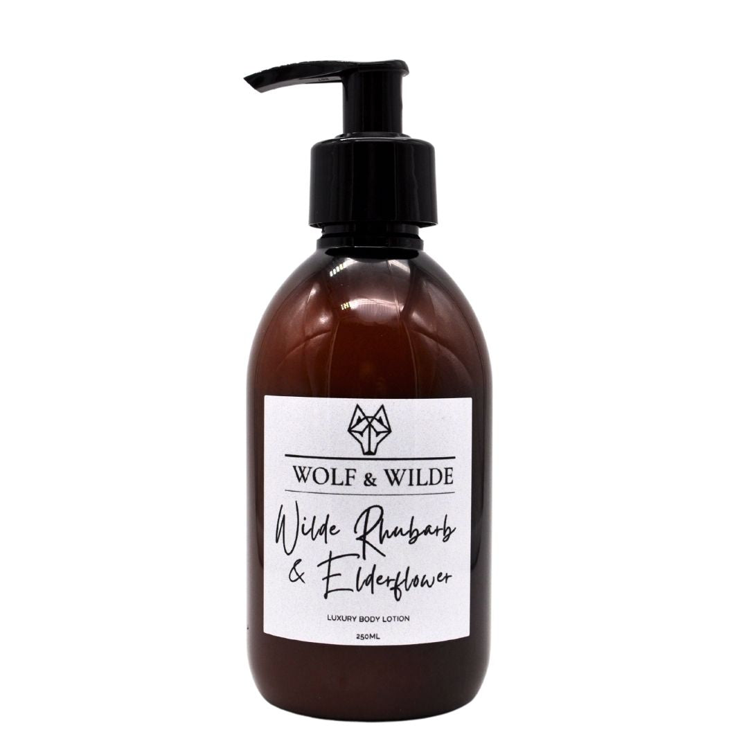 Wilde Rhubarb & Elderflower Luxury Body Lotion in a recyclable amber bottle, showcasing its elegant design and rich texture.