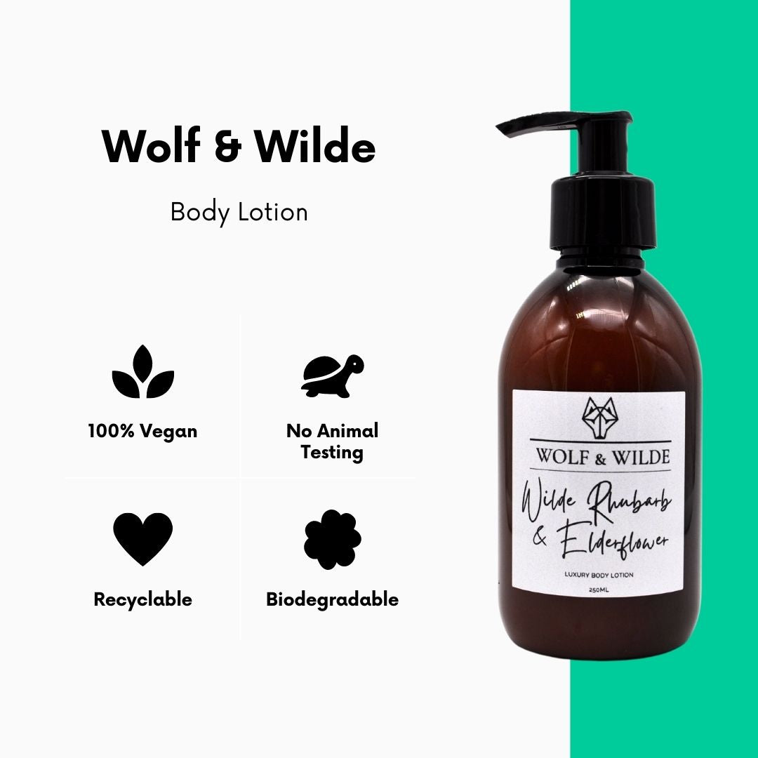 Wilde Rhubarb & Elderflower Luxury Body Lotion in a recyclable amber bottle, showcasing its elegant design and rich texture.