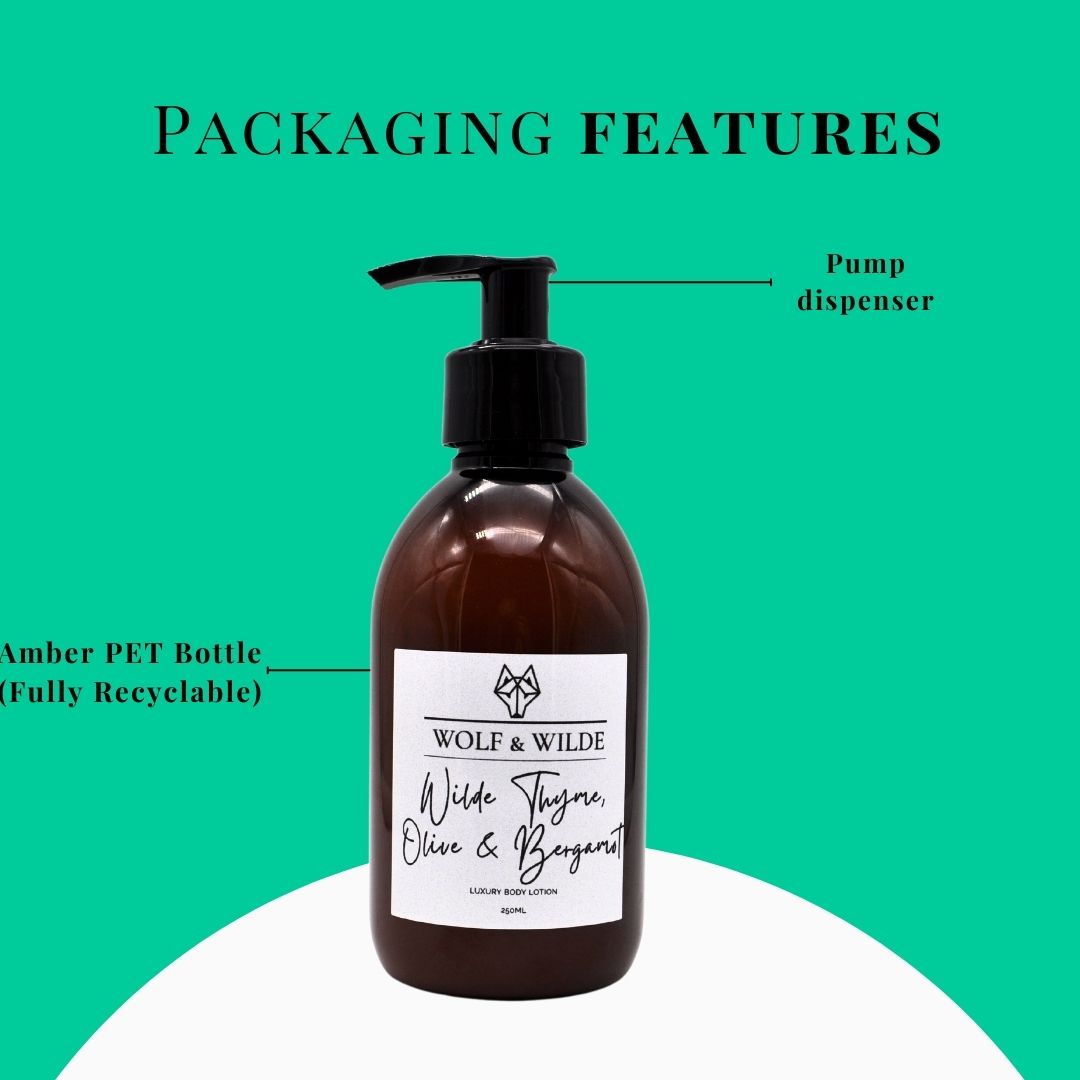 Wilde Thyme, Olive & Bergamot Luxury Body Lotion in a recyclable amber bottle, showcasing its elegant design and luxurious texture.