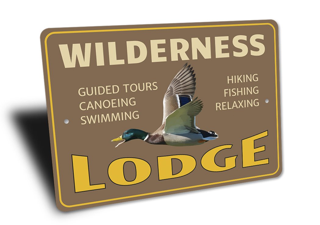 Wilderness Lodge Sign made of high-quality aluminum, featuring a rustic design perfect for home decor.