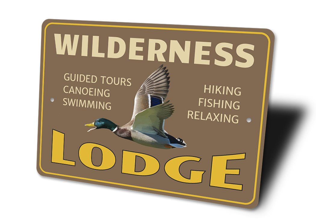 Wilderness Lodge Sign made of high-quality aluminum, featuring a rustic design perfect for home decor.