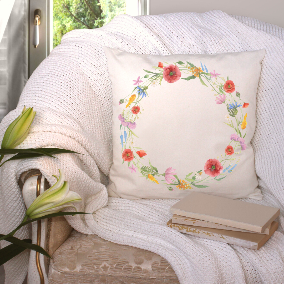 Wildflower Pillow Cover featuring floral designs on soft linen fabric, with a hidden zipper and available in beige and white colors.