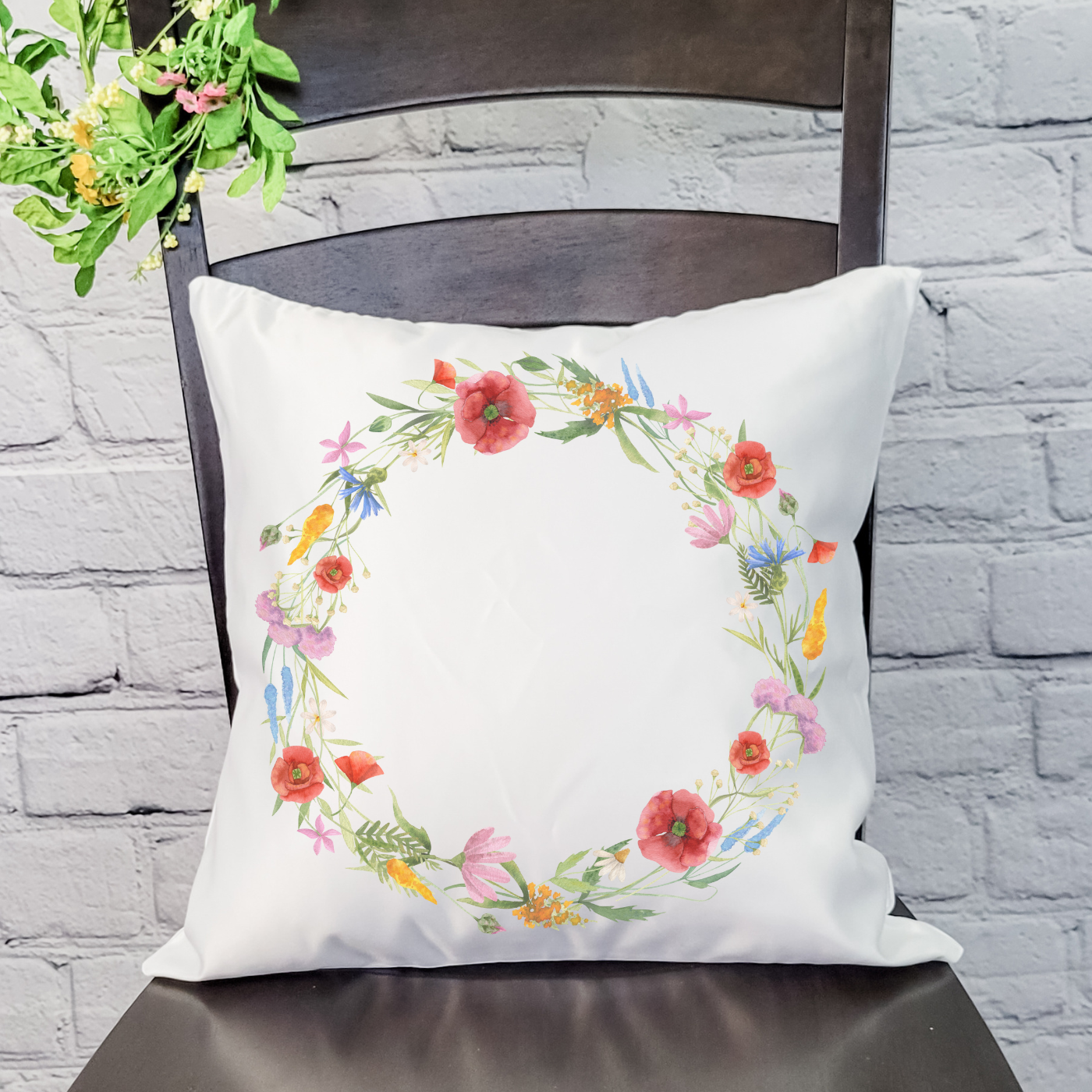 Wildflower Pillow Cover featuring floral designs on soft linen fabric, with a hidden zipper and available in beige and white colors.