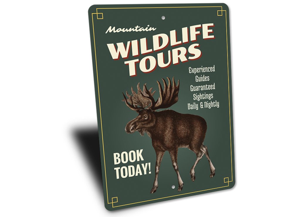 A beautifully crafted Wildlife Tours sign made of durable aluminum, showcasing a scenic lake design, perfect for lakehouse decor.