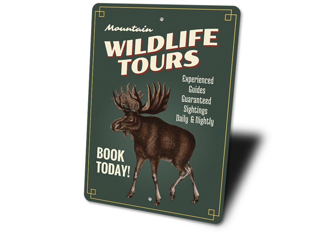 A beautifully crafted Wildlife Tours sign made of durable aluminum, showcasing a scenic lake design, perfect for lakehouse decor.