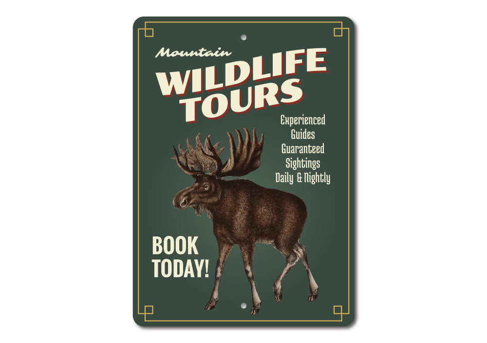 A beautifully crafted Wildlife Tours sign made of durable aluminum, showcasing a scenic lake design, perfect for lakehouse decor.