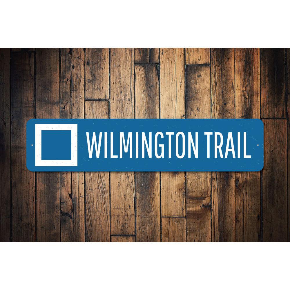 Wilmington Trail Sign made of high-quality aluminum, featuring customizable text and pre-drilled holes for easy mounting.