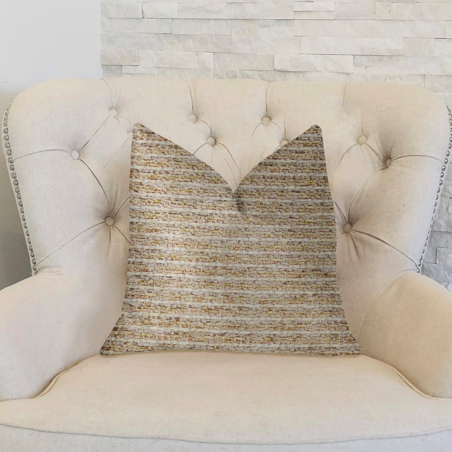 Willow Creek Beige and Ivory Luxury Throw Pillow showcasing a textured pattern with an invisible zipper, handmade in the USA.