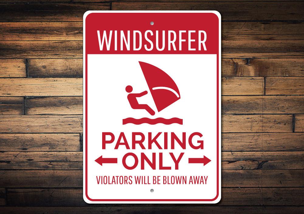 Windsurfer Parking Sign made of durable aluminum, featuring vibrant colors and customizable text, perfect for beach-themed decor.