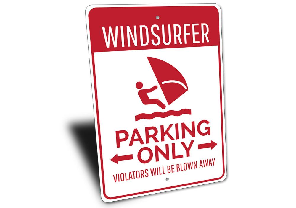 Windsurfer Parking Sign made of durable aluminum, featuring vibrant colors and customizable text, perfect for beach-themed decor.