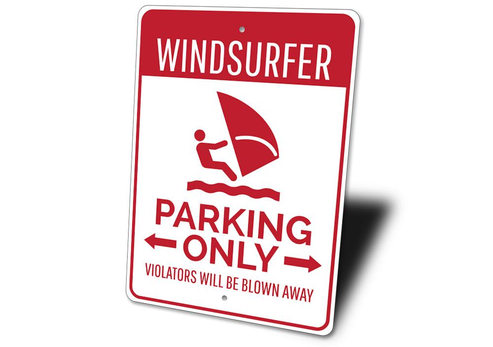 Windsurfer Parking Sign made of durable aluminum, featuring vibrant colors and customizable text, perfect for beach-themed decor.