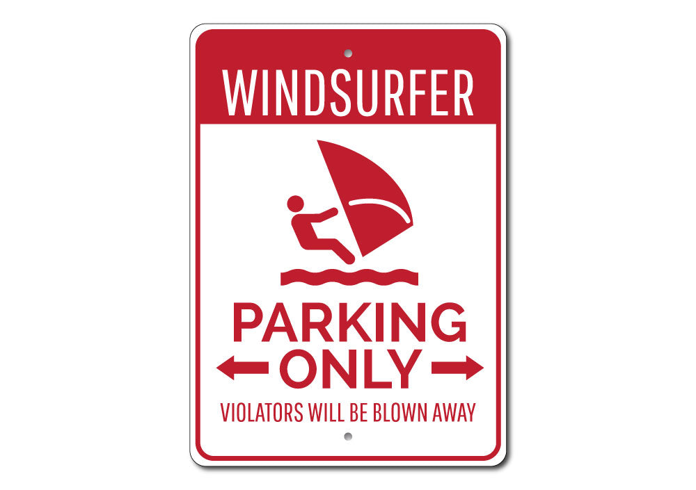 Windsurfer Parking Sign made of durable aluminum, featuring vibrant colors and customizable text, perfect for beach-themed decor.