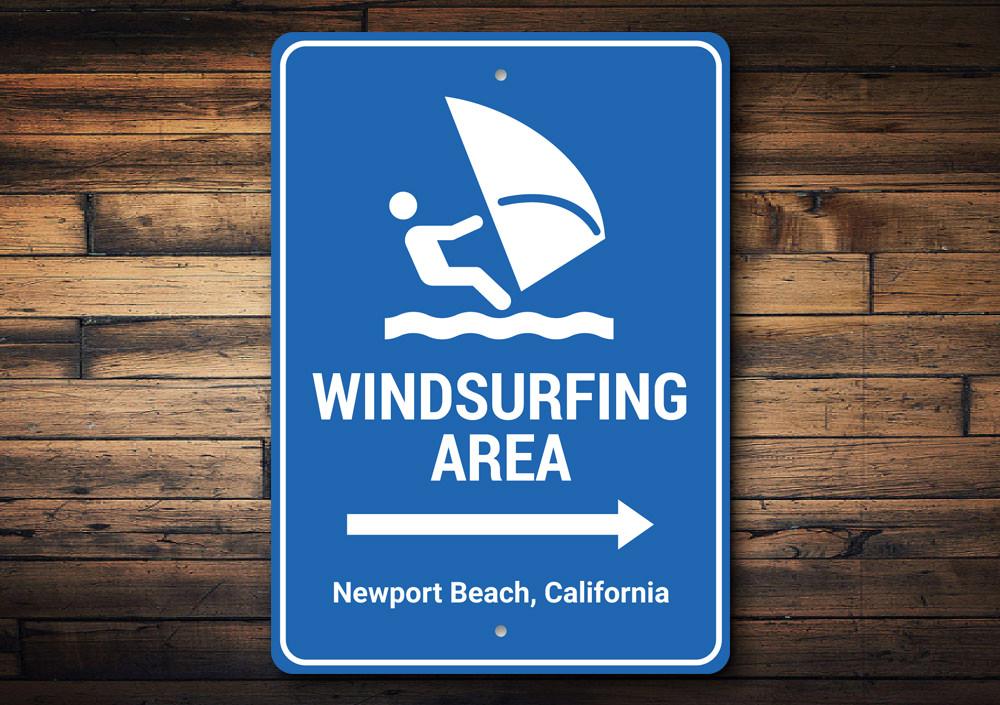 Windsurfing Area Arrow Sign made of durable aluminum, featuring a vibrant design perfect for beach-themed decor.