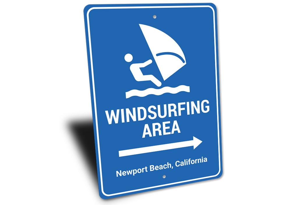 Windsurfing Area Arrow Sign made of durable aluminum, featuring a vibrant design perfect for beach-themed decor.