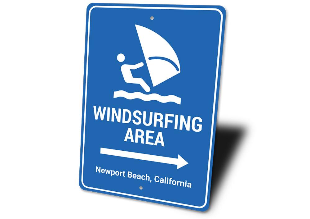 Windsurfing Area Arrow Sign made of durable aluminum, featuring a vibrant design perfect for beach-themed decor.