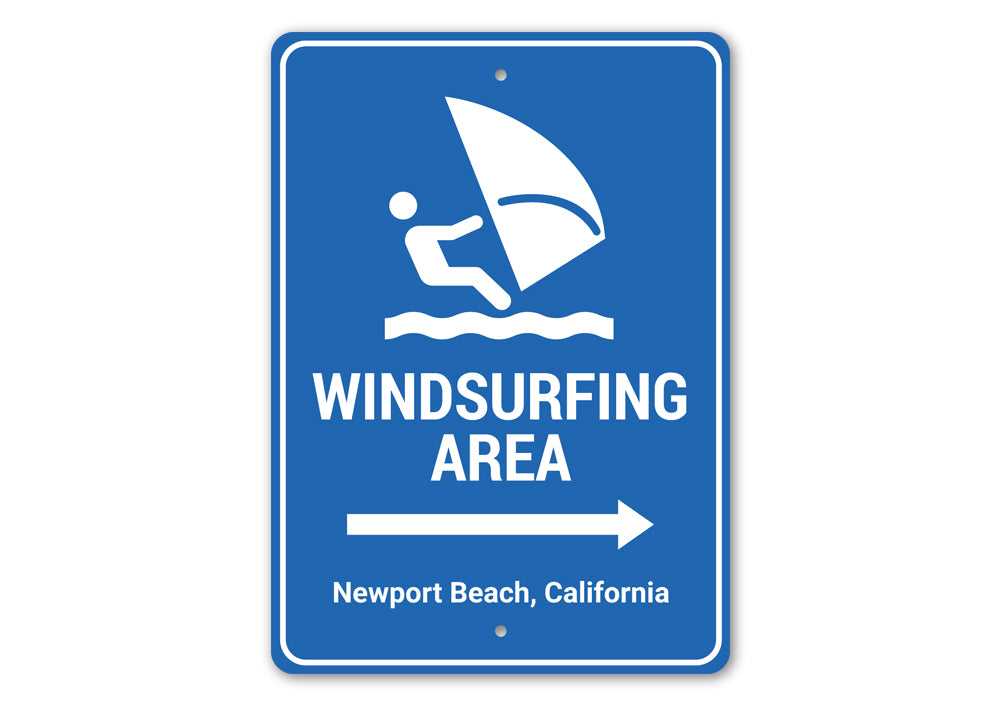 Windsurfing Area Arrow Sign made of durable aluminum, featuring a vibrant design perfect for beach-themed decor.