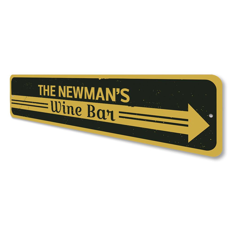 A decorative Wine Bar Arrow Sign made of high-quality aluminum, featuring customizable text and pre-drilled holes for easy mounting.