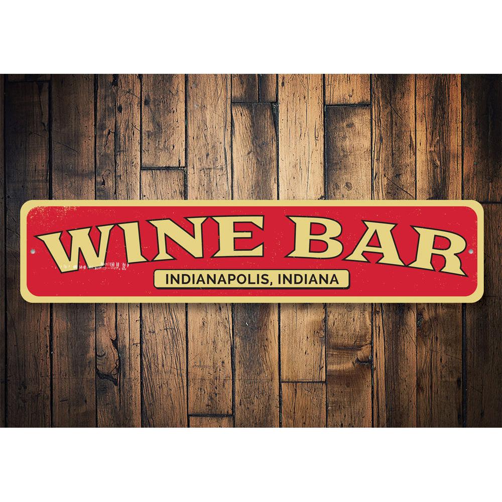 Customizable Wine Bar Location Sign made of high-quality aluminum, featuring pre-drilled holes for easy mounting.