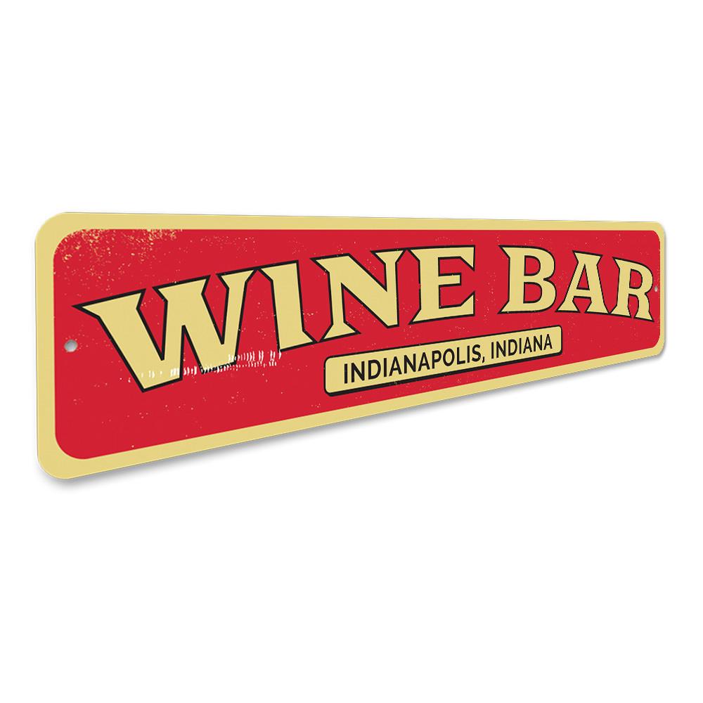 Customizable Wine Bar Location Sign made of high-quality aluminum, featuring pre-drilled holes for easy mounting.