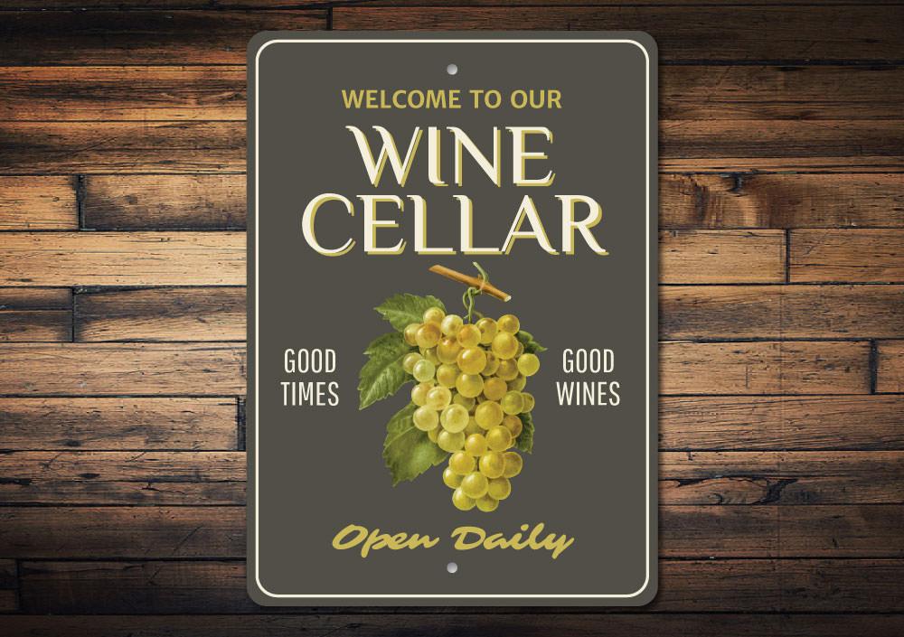 A decorative Wine Cellar Welcome Sign made of high-quality aluminum, featuring customizable text and pre-drilled holes for easy mounting.