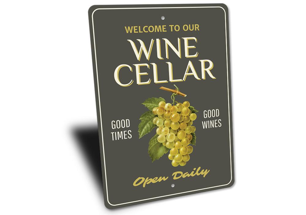 A decorative Wine Cellar Welcome Sign made of high-quality aluminum, featuring customizable text and pre-drilled holes for easy mounting.