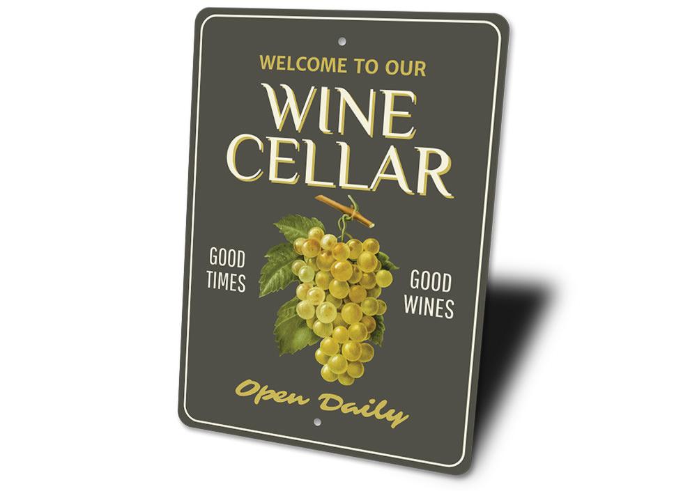 A decorative Wine Cellar Welcome Sign made of high-quality aluminum, featuring customizable text and pre-drilled holes for easy mounting.