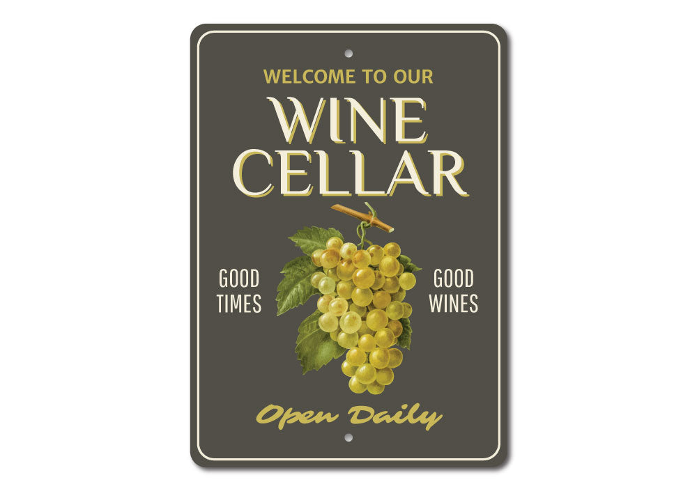 A decorative Wine Cellar Welcome Sign made of high-quality aluminum, featuring customizable text and pre-drilled holes for easy mounting.