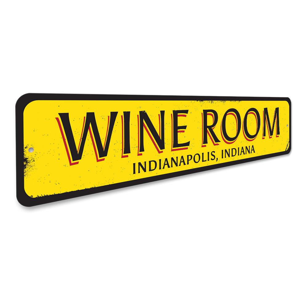 Customizable Wine Room Location Sign made of high-quality aluminum, featuring pre-drilled holes for easy mounting.