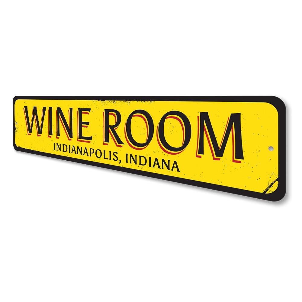 Customizable Wine Room Location Sign made of high-quality aluminum, featuring pre-drilled holes for easy mounting.