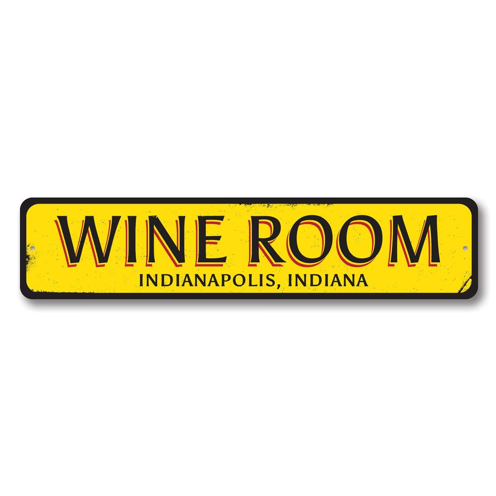 Customizable Wine Room Location Sign made of high-quality aluminum, featuring pre-drilled holes for easy mounting.