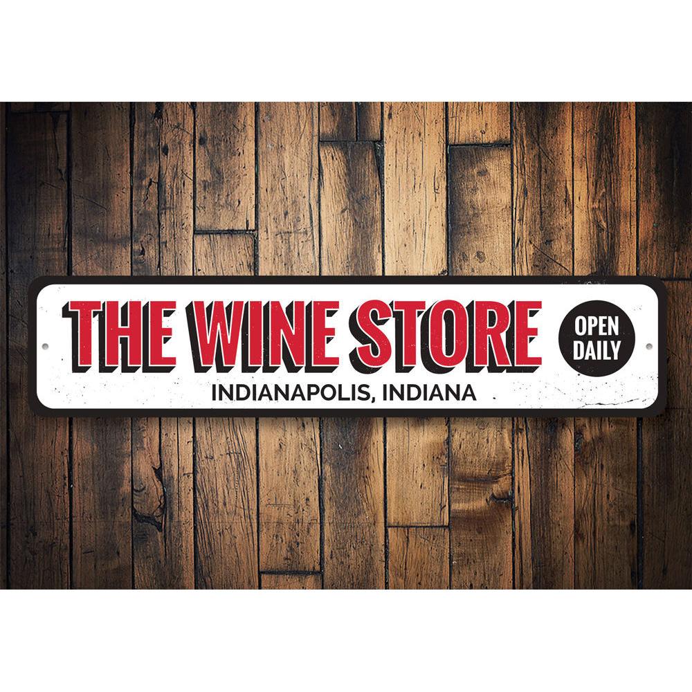 A beautifully crafted Wine Store Sign made of high-quality aluminum, featuring customizable text options, perfect for home decor.