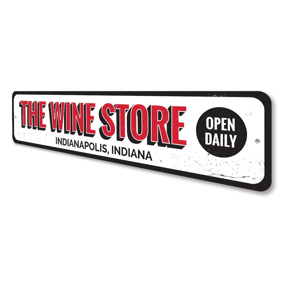 A beautifully crafted Wine Store Sign made of high-quality aluminum, featuring customizable text options, perfect for home decor.