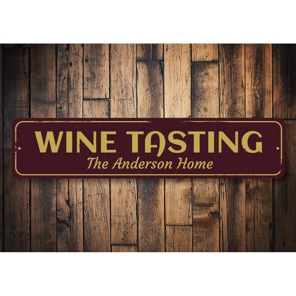 Customizable Wine Tasting Sign made of high-quality aluminum, featuring elegant design suitable for home decor.